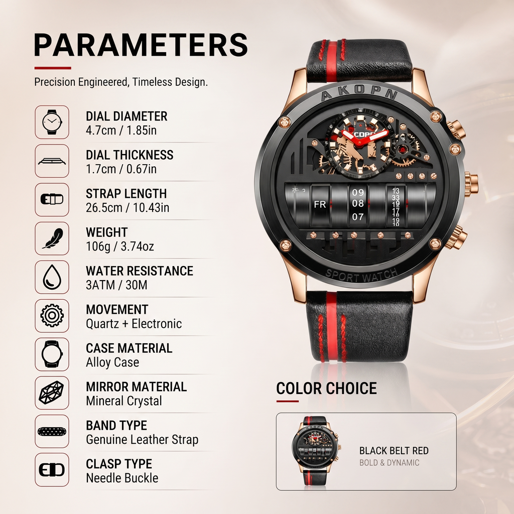 AKOPN AK9022 Live Edition Men's Cyberpunk Watch - Creative Roller Cylinder Calendar Display Heavy Duty Tactical Sport Wristwatch