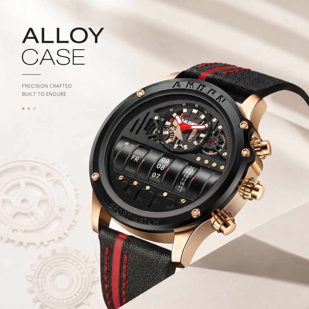 AKOPN AK9022 Live Edition Men's Cyberpunk Watch - Creative Roller Cylinder Calendar Display Heavy Duty Tactical Sport Wristwatch
