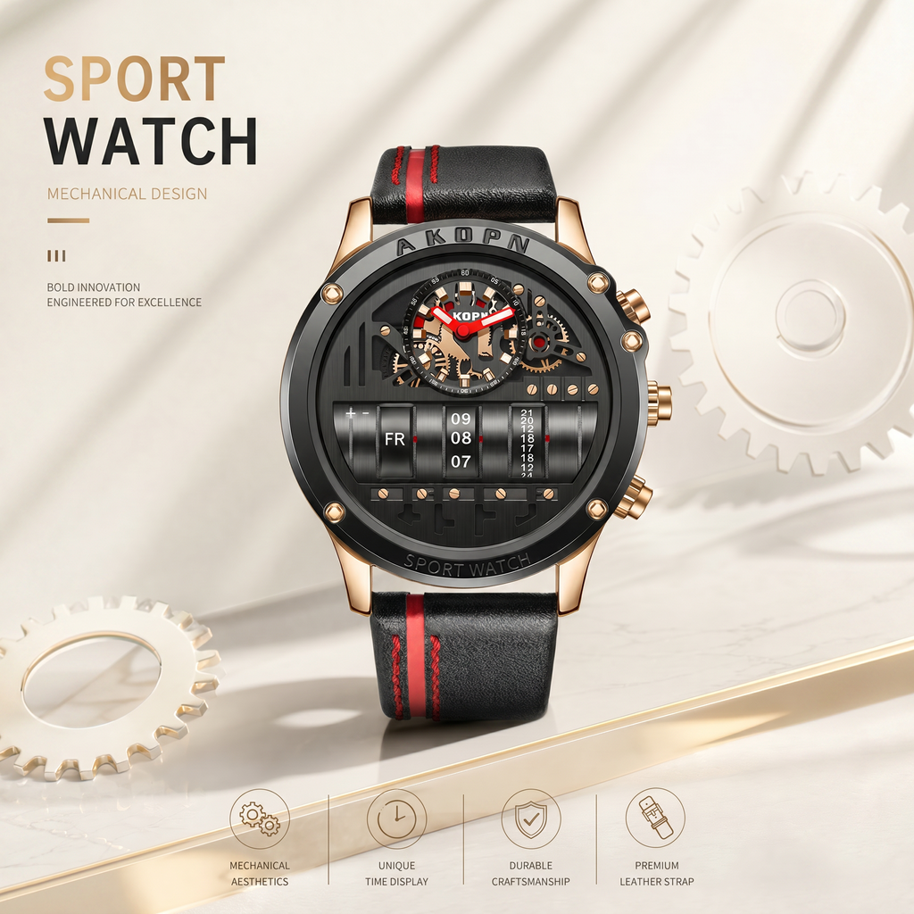 AKOPN AK9022 Live Edition Men's Cyberpunk Watch - Creative Roller Cylinder Calendar Display Heavy Duty Tactical Sport Wristwatch