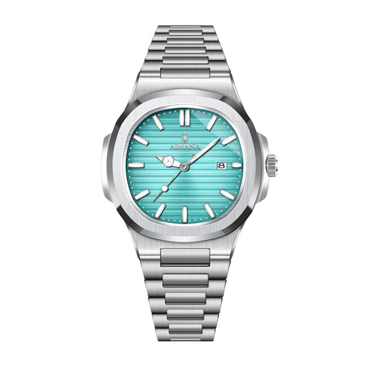 AMANA AMN8602 Live Edition Men's Quartz Watch - Nautilus Style Rounded Octagon Case Horizontal Embossed Dial 3H Date Stainless Steel Bracelet Wristwatch