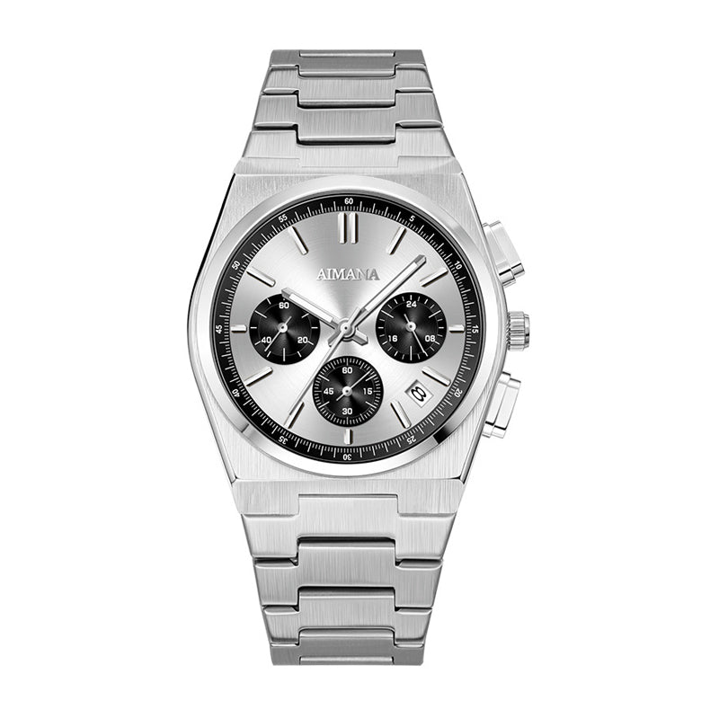 AMANA AMN8609 Live Edition Men's Panda Chronograph Quartz Watch - 40mm Silver Integrated Case Multi-Subdial 4:30 Date Luminous Metal Band Wristwatch