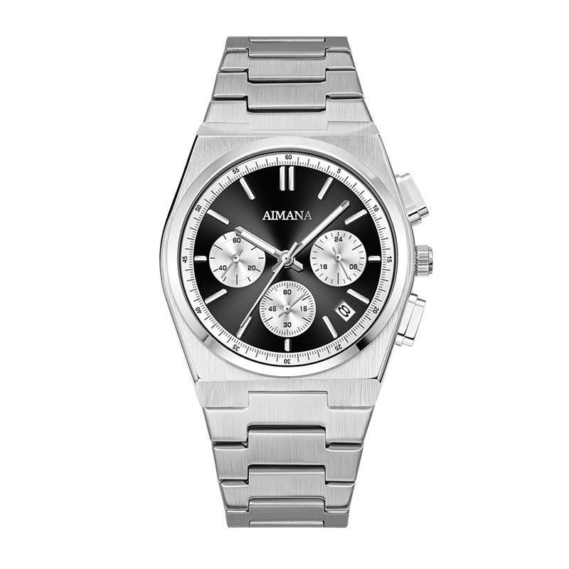 AMANA AMN8609 Live Edition Men's Panda Chronograph Quartz Watch - 40mm Silver Integrated Case Multi-Subdial 4:30 Date Luminous Metal Band Wristwatch