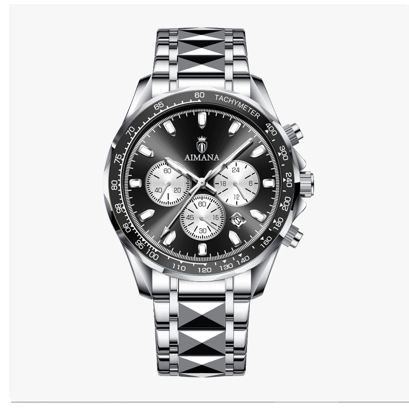AIMANA AMN8610 Live Edition Men's Tachymeter Chronograph Quartz Watch - 46mm Silver Case Sunburst Dial 4:30 Date Faceted Link Metal Band Wristwatch