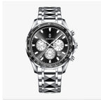 AIMANA AMN8610 Live Edition Men's Tachymeter Chronograph Quartz Watch - 46mm Silver Case Sunburst Dial 4:30 Date Faceted Link Metal Band Wristwatch