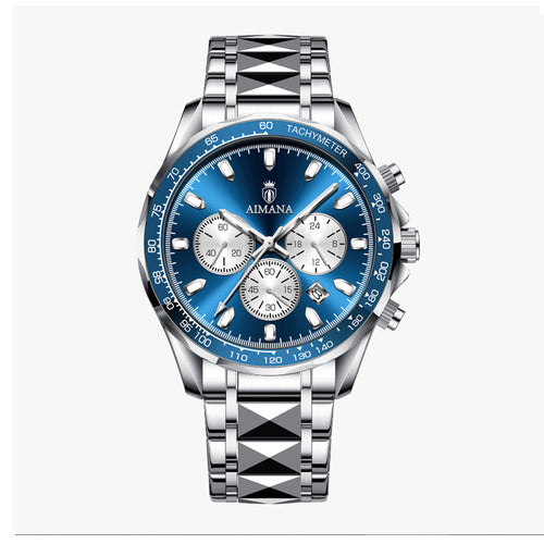 AIMANA AMN8610 Live Edition Men's Tachymeter Chronograph Quartz Watch - 46mm Silver Case Sunburst Dial 4:30 Date Faceted Link Metal Band Wristwatch