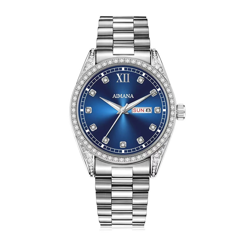 AMANA AMN8611 Live Edition Men's Luxury Classic Quartz Watch - 39mm Crystal Bezel Sunburst Dial 3H Day Date Window Stainless Steel Bracelet Wristwatch