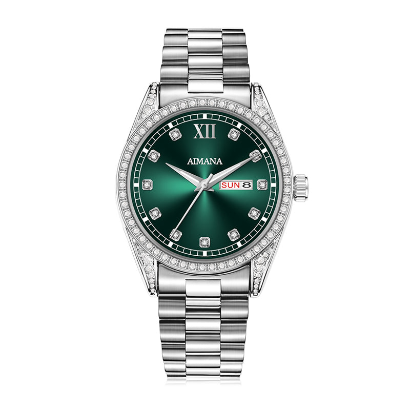 AMANA AMN8611 Live Edition Men's Luxury Classic Quartz Watch - 39mm Crystal Bezel Sunburst Dial 3H Day Date Window Stainless Steel Bracelet Wristwatch