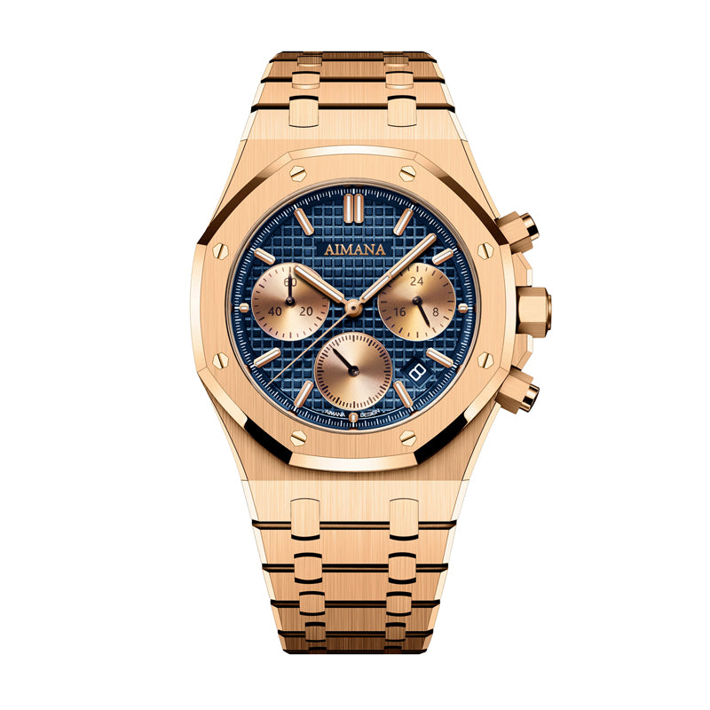AMANA AMN8617 Live Edition Men's Royal Oak Style Chronograph Quartz Watch - 45mm Octagon Screw Bezel Grid Pattern Dial 4:30 Date Metal Band Wristwatch