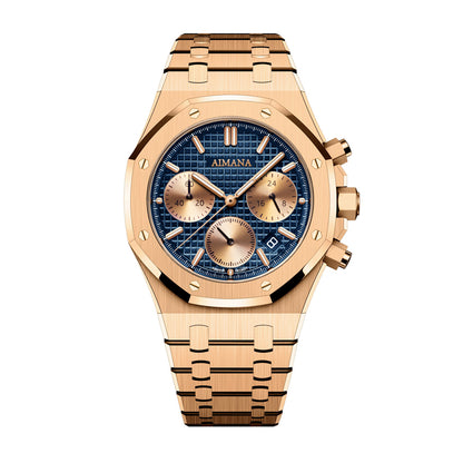 AMANA AMN8617 Live Edition Men's Royal Oak Style Chronograph Quartz Watch - 45mm Octagon Screw Bezel Grid Pattern Dial 4:30 Date Metal Band Wristwatch