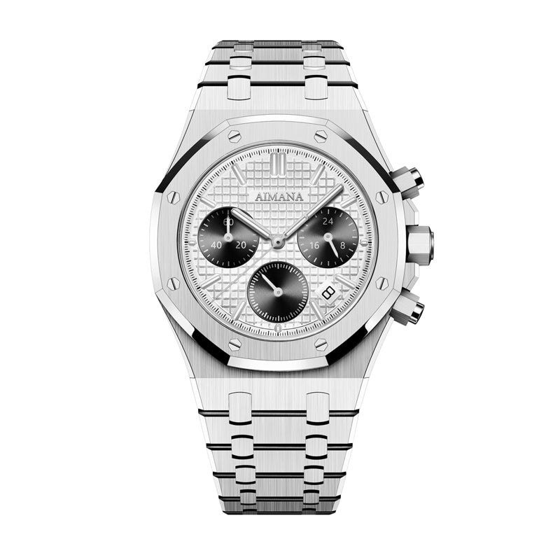 AMANA AMN8617 Live Edition Men's Royal Oak Style Chronograph Quartz Watch - 45mm Octagon Screw Bezel Grid Pattern Dial 4:30 Date Metal Band Wristwatch