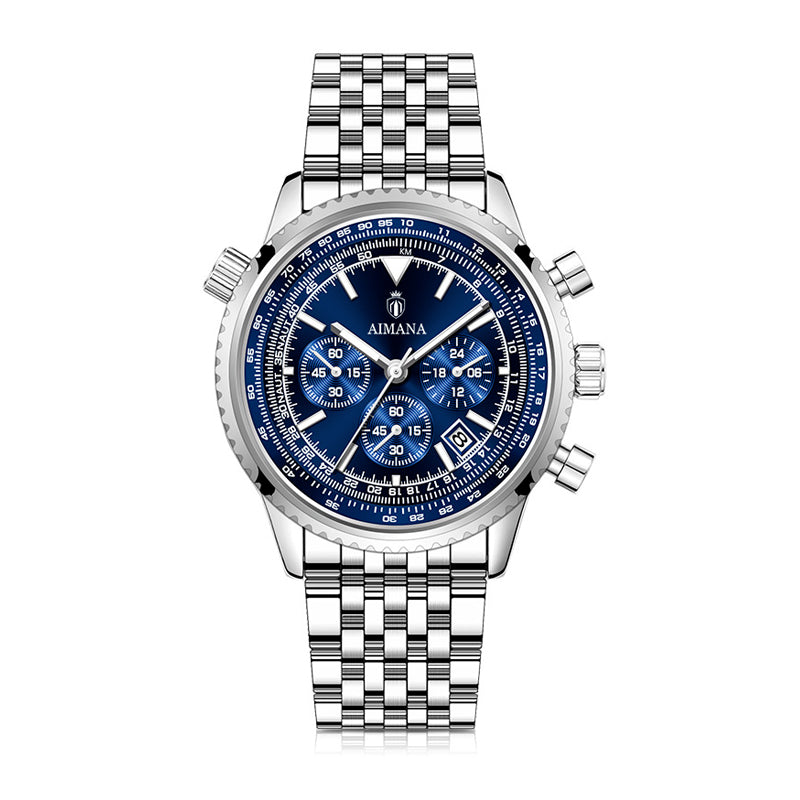 AMANA AMN8619 Live Edition Men's Aviation Chronograph Quartz Watch - 43mm Dual Crown Case Multi-Subdial 4:30 Date Luminous Hands Metal Band Wristwatch