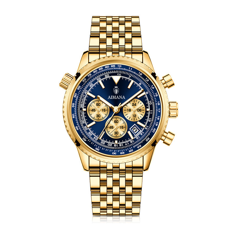 AMANA AMN8619 Live Edition Men's Aviation Chronograph Quartz Watch - 43mm Dual Crown Case Multi-Subdial 4:30 Date Luminous Hands Metal Band Wristwatch