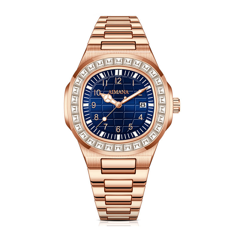 AMANA AMN8622 Live Edition Men's Luxury Classic Quartz Watch - 43mm Crystal Bezel Grid Pattern Blue Dial 3H Date Stainless Steel Bracelet Wristwatch