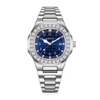 AMANA AMN8622 Live Edition Men's Luxury Classic Quartz Watch - 43mm Crystal Bezel Grid Pattern Blue Dial 3H Date Stainless Steel Bracelet Wristwatch