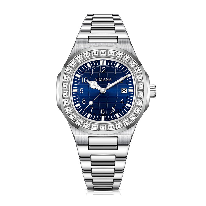AMANA AMN8622 Live Edition Men's Luxury Classic Quartz Watch - 43mm Crystal Bezel Grid Pattern Blue Dial 3H Date Stainless Steel Bracelet Wristwatch
