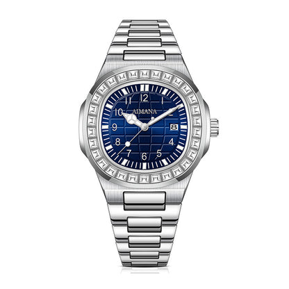 AMANA AMN8622 Live Edition Men's Luxury Classic Quartz Watch - 43mm Crystal Bezel Grid Pattern Blue Dial 3H Date Stainless Steel Bracelet Wristwatch