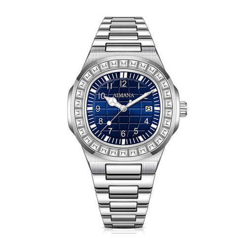 AMANA AMN8622 Live Edition Men's Luxury Classic Quartz Watch - 43mm Crystal Bezel Grid Pattern Blue Dial 3H Date Stainless Steel Bracelet Wristwatch
