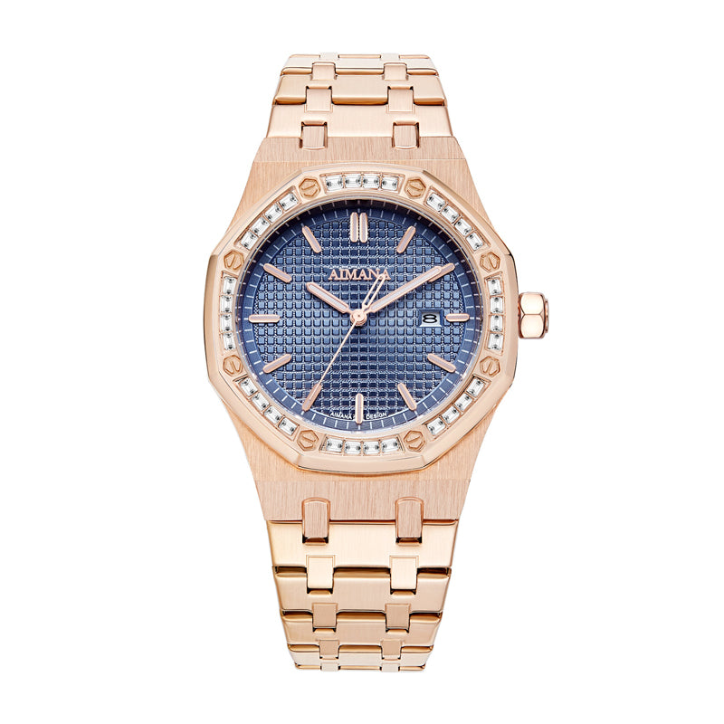 AMANA AMN8628 Live Edition Men's Luxury Classic Quartz Watch - 42mm Crystal Octagon Bezel Grid Pattern Blue Dial 3H Date Stainless Steel Bracelet Wristwatch