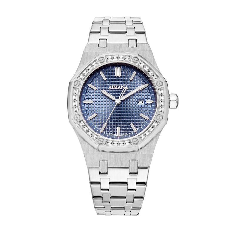 AMANA AMN8628 Live Edition Men's Luxury Classic Quartz Watch - 42mm Crystal Octagon Bezel Grid Pattern Blue Dial 3H Date Stainless Steel Bracelet Wristwatch