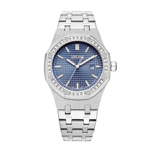 AMANA AMN8628 Live Edition Men's Luxury Classic Quartz Watch - 42mm Crystal Octagon Bezel Grid Pattern Blue Dial 3H Date Stainless Steel Bracelet Wristwatch