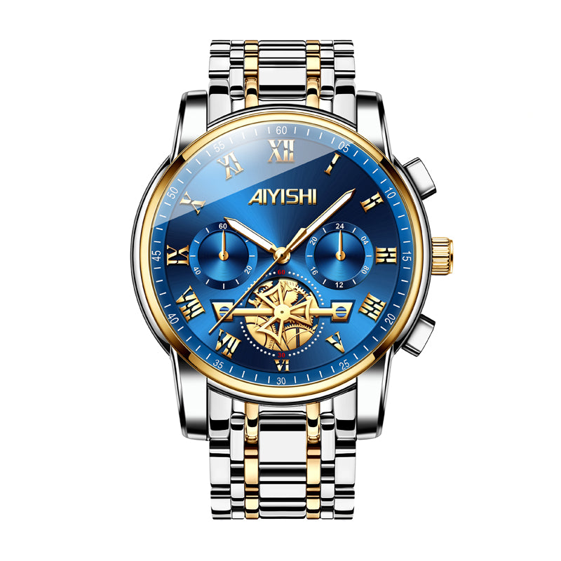 AIYISHI ASY2316 Quartz Watch - Live Edition Men's Luxury 41mm Flywheel Mechanical Style Face Luminous Hands Steel Link Bracelet Wristwatch
