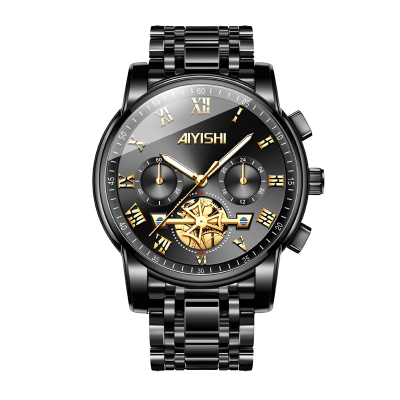 AIYISHI ASY2316 Quartz Watch - Live Edition Men's Luxury 41mm Flywheel Mechanical Style Face Luminous Hands Steel Link Bracelet Wristwatch