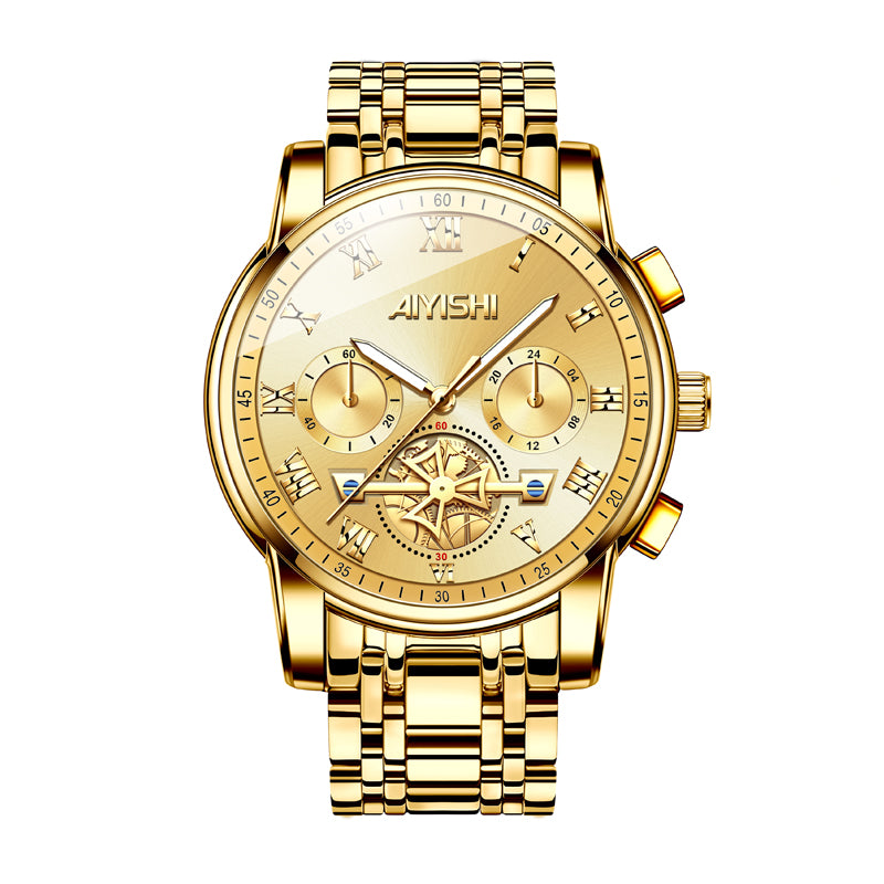 AIYISHI ASY2316 Quartz Watch - Live Edition Men's Luxury 41mm Flywheel Mechanical Style Face Luminous Hands Steel Link Bracelet Wristwatch