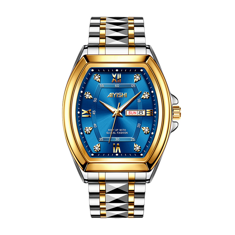 AIYISHI ASY2328 Quartz Watch - Live Edition Men's Luxury Geometric Tonneau 8-Crystal Index Luminous Hands Day-Date 3D Pyramid Steel Link Bracelet Wristwatch