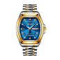 AIYISHI ASY2328 Quartz Watch - Live Edition Men's Luxury Geometric Tonneau 8-Crystal Index Luminous Hands Day-Date 3D Pyramid Steel Link Bracelet Wristwatch