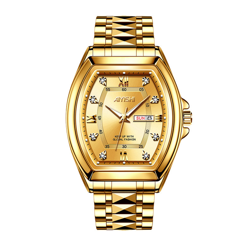AIYISHI ASY2328 Quartz Watch - Live Edition Men's Luxury Geometric Tonneau 8-Crystal Index Luminous Hands Day-Date 3D Pyramid Steel Link Bracelet Wristwatch