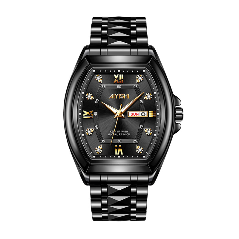 AIYISHI ASY2328 Quartz Watch - Live Edition Men's Luxury Geometric Tonneau 8-Crystal Index Luminous Hands Day-Date 3D Pyramid Steel Link Bracelet Wristwatch