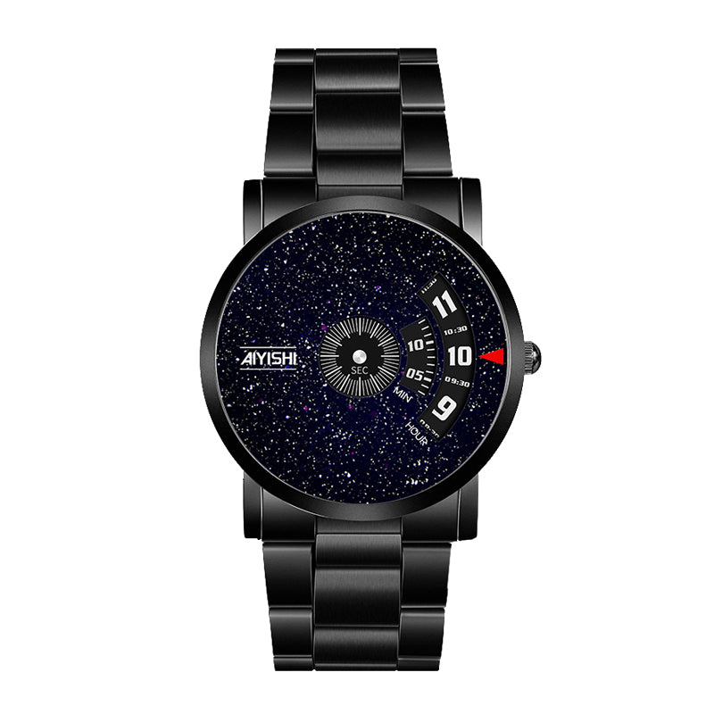 AIYISHI AYS1620 Quartz Watch - Live Edition Men's Creative Rotating Turntable Dial Slim All-Black Steel Link Bracelet Wristwatch