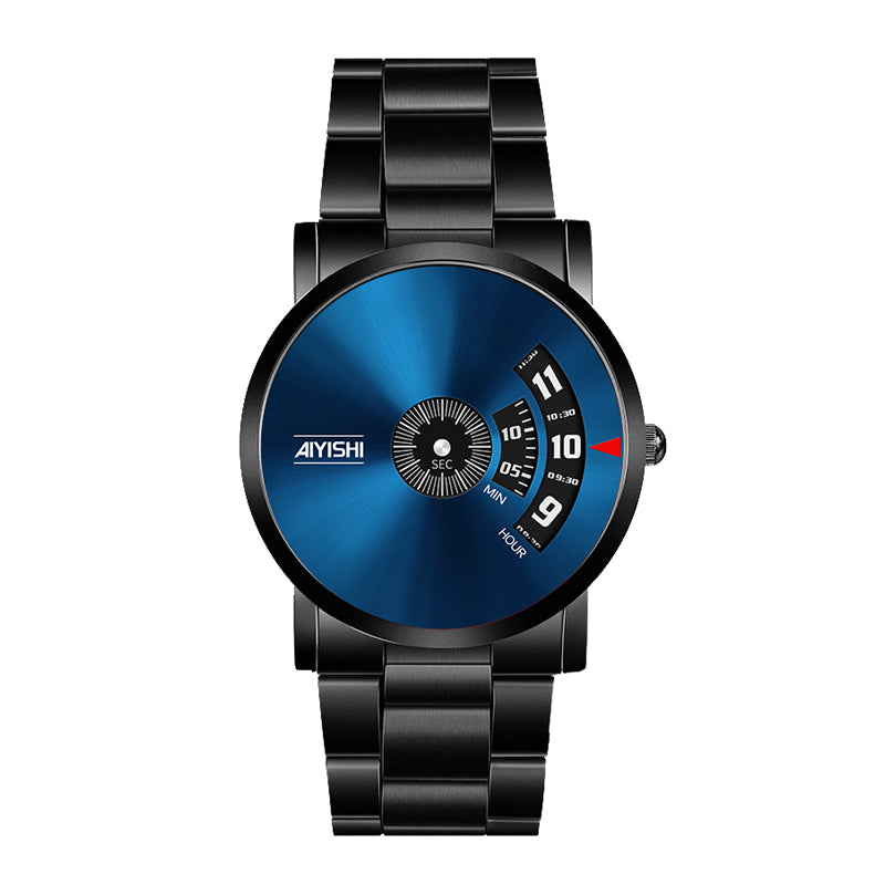 AIYISHI AYS1620 Quartz Watch - Live Edition Men's Creative Rotating Turntable Dial Slim All-Black Steel Link Bracelet Wristwatch