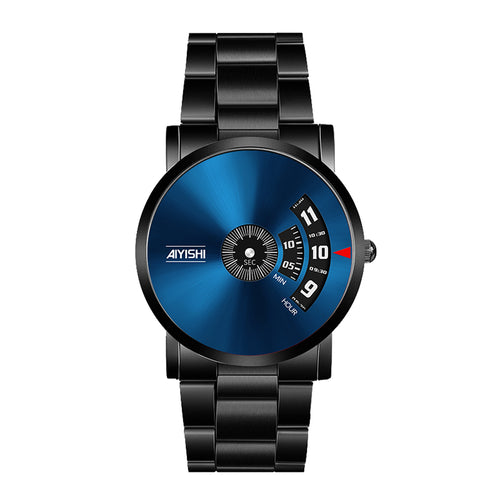 AIYISHI AYS1620 Quartz Watch - Live Edition Men's Creative Rotating Turntable Dial Slim All-Black Steel Link Bracelet Wristwatch