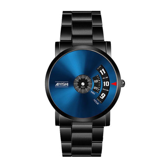 AIYISHI AYS1620 Quartz Watch - Live Edition Men's Creative Rotating Turntable Dial Slim All-Black Steel Link Bracelet Wristwatch
