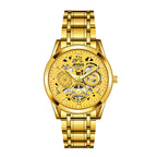 AIYISHI AYS1806 Quartz Watch - Live Edition Men's Skeleton Illusion Dial 3-Hand Luminous Steel Link Bracelet Wristwatch