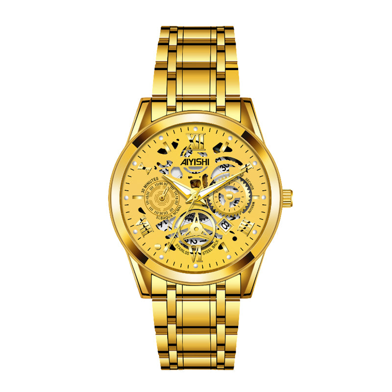 AIYISHI AYS1806 Quartz Watch - Live Edition Men's Skeleton Illusion Dial 3-Hand Luminous Steel Link Bracelet Wristwatch