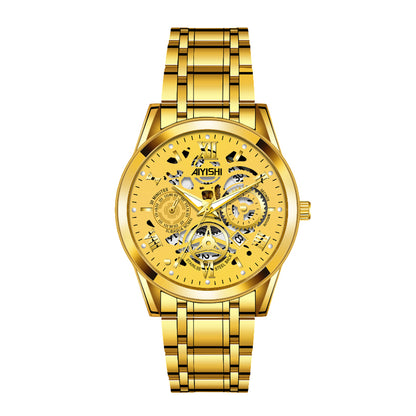 AIYISHI AYS1806 Quartz Watch - Live Edition Men's Skeleton Illusion Dial 3-Hand Luminous Steel Link Bracelet Wristwatch