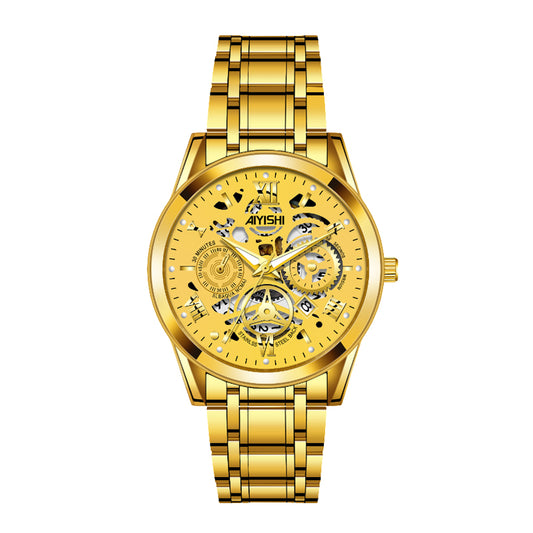 AIYISHI AYS1806 Quartz Watch - Live Edition Men's Skeleton Illusion Dial 3-Hand Luminous Steel Link Bracelet Wristwatch