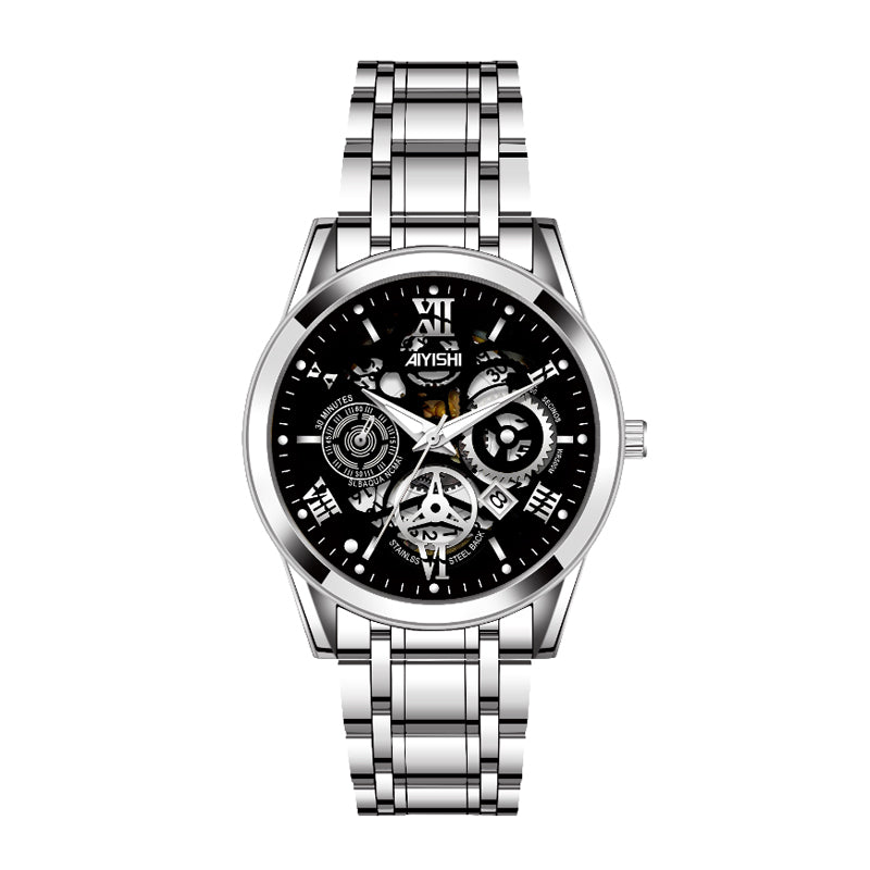 AIYISHI AYS1806 Quartz Watch - Live Edition Men's Skeleton Illusion Dial 3-Hand Luminous Steel Link Bracelet Wristwatch