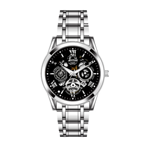 AIYISHI AYS1806 Quartz Watch - Live Edition Men's Skeleton Illusion Dial 3-Hand Luminous Steel Link Bracelet Wristwatch