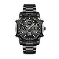 AIYISHI AYS2356 Live Edition Men's Heavy-Duty Dual Display Ana-Digi Watch - 49mm Bold Black Case 3ATM Waterproof Stopwatch Alarm Solid Stainless Steel Link Bracelet Wristwatch