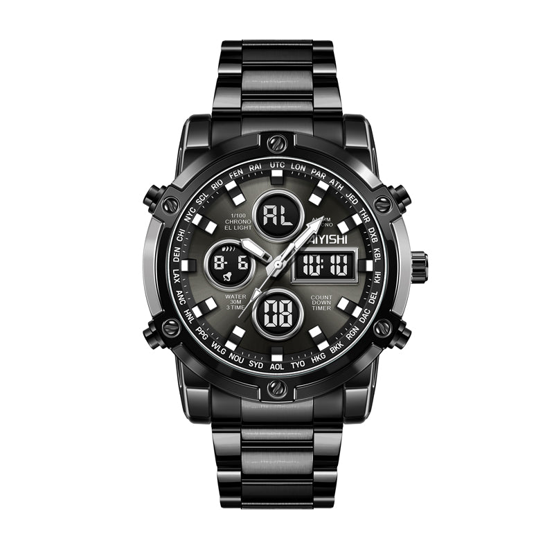 AIYISHI AYS2356 Live Edition Men's Heavy-Duty Dual Display Ana-Digi Watch - 49mm Bold Black Case 3ATM Waterproof Stopwatch Alarm Solid Stainless Steel Link Bracelet Wristwatch