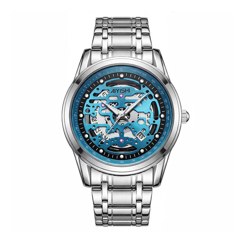 AIYISHI AYS2805G Live Edition Men's Skeleton Style Quartz Watch - 40mm Silver Case Tachymeter Bezel Date Window Metal Band Wristwatch