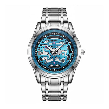 AIYISHI AYS2805G Live Edition Men's Skeleton Style Quartz Watch - 40mm Silver Case Tachymeter Bezel Date Window Metal Band Wristwatch
