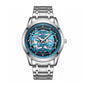 AIYISHI AYS2805G Live Edition Men's Skeleton Style Quartz Watch - 40mm Silver Case Tachymeter Bezel Date Window Metal Band Wristwatch