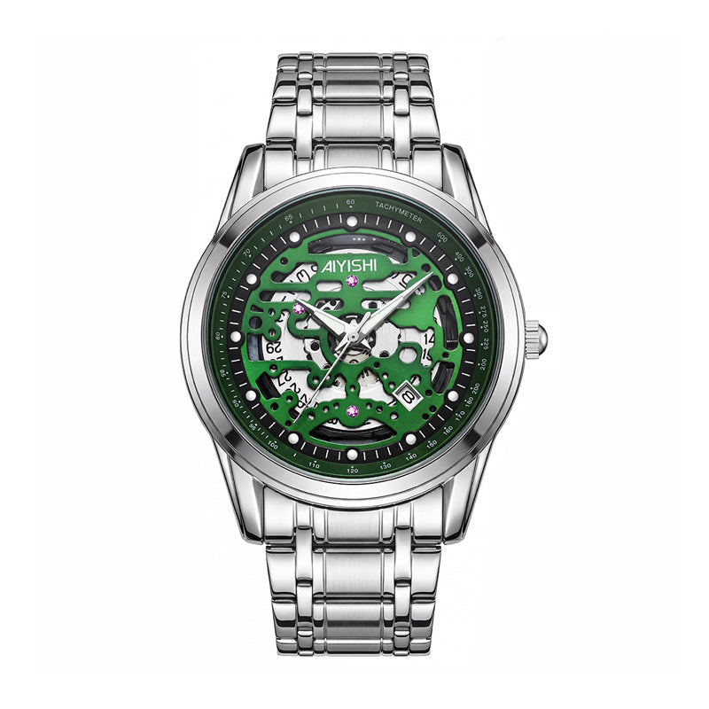 AIYISHI AYS2805G Live Edition Men's Skeleton Style Quartz Watch - 40mm Silver Case Tachymeter Bezel Date Window Metal Band Wristwatch