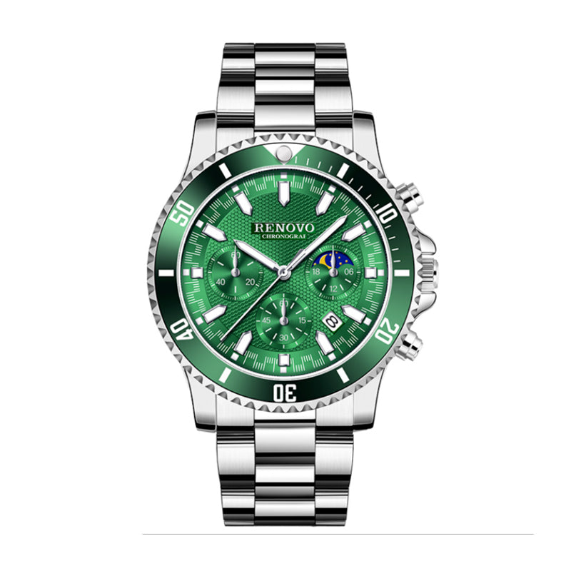 AYS81026 Live Edition Men's Diver Sport Quartz Watch - 44mm Silver Case Green Sunburst Dial Sun & Moon Phase 4:30 Date Luminous Metal Band Wristwatch