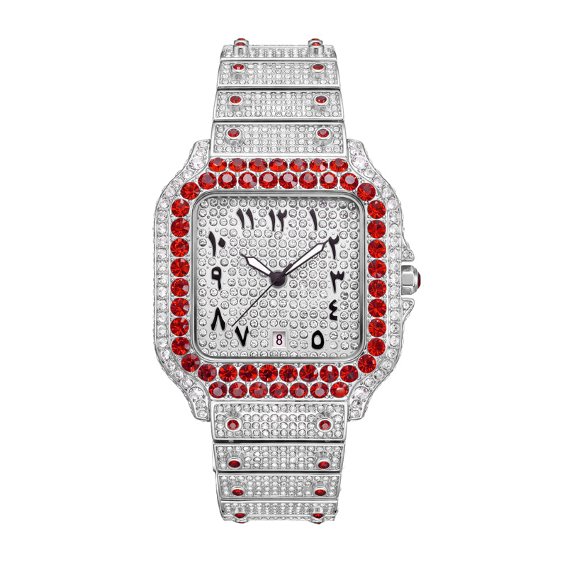 BB8237 Live Edition Men's Fully Iced Out Square Quartz Watch - 43mm Gem Bezel Arabic-Indic Numerals Pave Diamond Dial 6H Date Metal Band Wristwatch