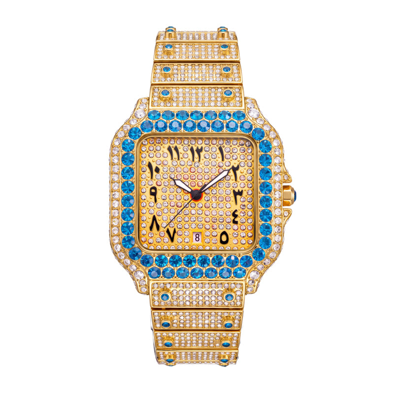 BB8237 Live Edition Men's Fully Iced Out Square Quartz Watch - 43mm Gem Bezel Arabic-Indic Numerals Pave Diamond Dial 6H Date Metal Band Wristwatch
